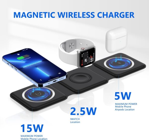 3 in 1 MagSafe Magnetic Foldable Wireless Charger for iPhone 17 to 12 Series | Compatible with AirPods Pro/2/3 | Compatible with only Apple Watch Series | 23W Charging | Wireless Charger - Matte Black