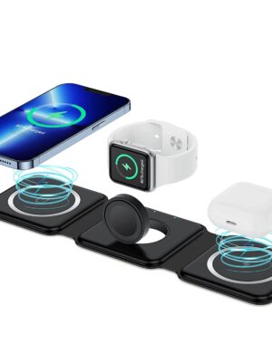 3 in 1 MagSafe Magnetic Foldable Wireless Charger for iPhone 17 to 12 Series | Compatible with AirPods Pro/2/3 | Compatible with only Apple Watch Series | 23W Charging | Wireless Charger - Matte Black