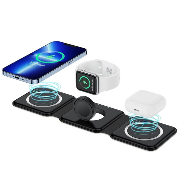 3 in 1 MagSafe Magnetic Foldable Wireless Charger for iPhone 17 to 12 Series | Compatible with AirPods Pro/2/3 | Compatible with only Apple Watch Series | 23W Charging | Wireless Charger - Matte Black