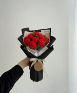 Handcrafted Luxury Woolen Rose Bouquet - Eternal Love in Every Stitch (10 Red Roses, Black Wrap, Red Ribbon)