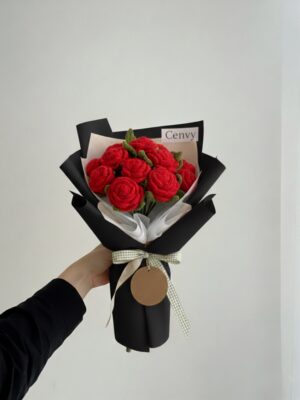 Handcrafted Luxury Woolen Rose Bouquet - Eternal Love in Every Stitch (10 Red Roses, Black Wrap, Red Ribbon)
