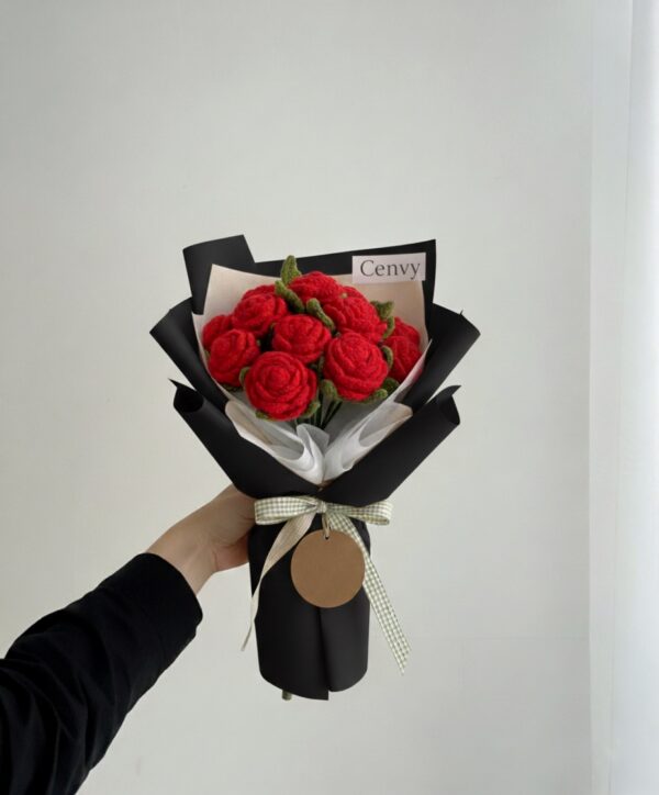 Handcrafted Luxury Woolen Rose Bouquet - Eternal Love in Every Stitch (10 Red Roses, Black Wrap, Red Ribbon)