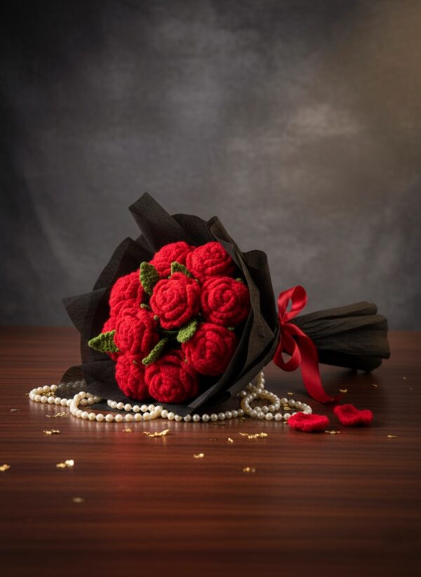 Handcrafted Luxury Woolen Rose Bouquet - Eternal Love in Every Stitch (10 Red Roses, Black Wrap, Red Ribbon)