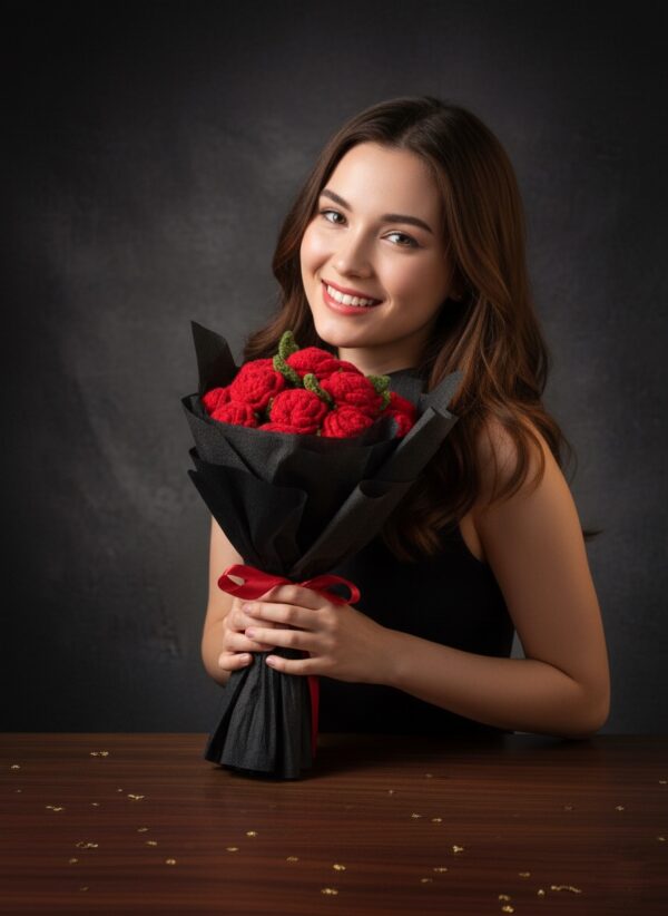Handcrafted Luxury Woolen Rose Bouquet - Eternal Love in Every Stitch (10 Red Roses, Black Wrap, Red Ribbon)