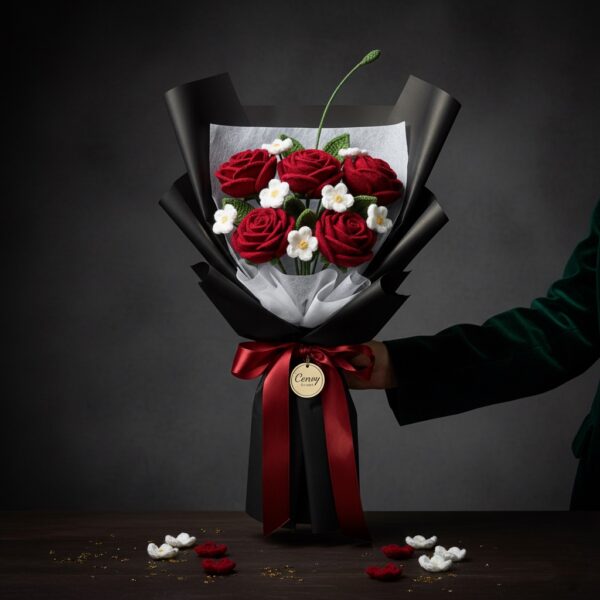 Handcrafted Elegance: Woolen Rose & Daisy Bouquet - Timeless Charm (5 Red Roses, 5 White Daisies, Black Wrap, Red Ribbon)