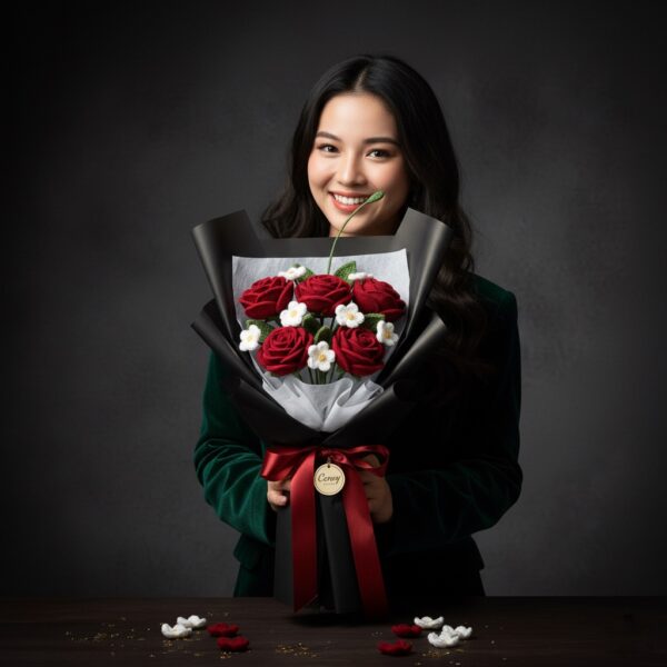 Handcrafted Elegance: Woolen Rose & Daisy Bouquet - Timeless Charm (5 Red Roses, 5 White Daisies, Black Wrap, Red Ribbon)