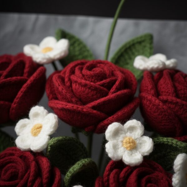 Handcrafted Elegance: Woolen Rose & Daisy Bouquet - Timeless Charm (5 Red Roses, 5 White Daisies, Black Wrap, Red Ribbon)
