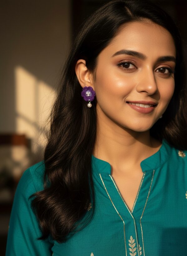 Handcrafted Woolen Purple Blossom Earrings with Pearl Drops - Elegance in Every Stitch