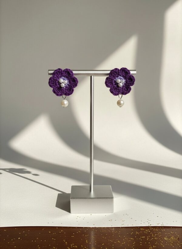 Handcrafted Woolen Purple Blossom Earrings with Pearl Drops - Elegance in Every Stitch