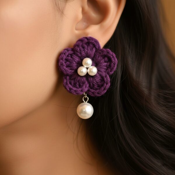 Handcrafted Woolen Purple Blossom Earrings with Pearl Drops - Elegance in Every Stitch